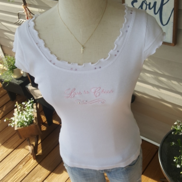 KAVIO ♡ White Embroidered Pink "Love to Cheer" Ruffled Embellished Bling Top XL - Picture 5 of 17